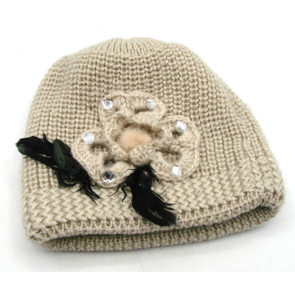 Womens Beige Knit Beanie Winter Hat Flower Design Black Feathers Rhinestones